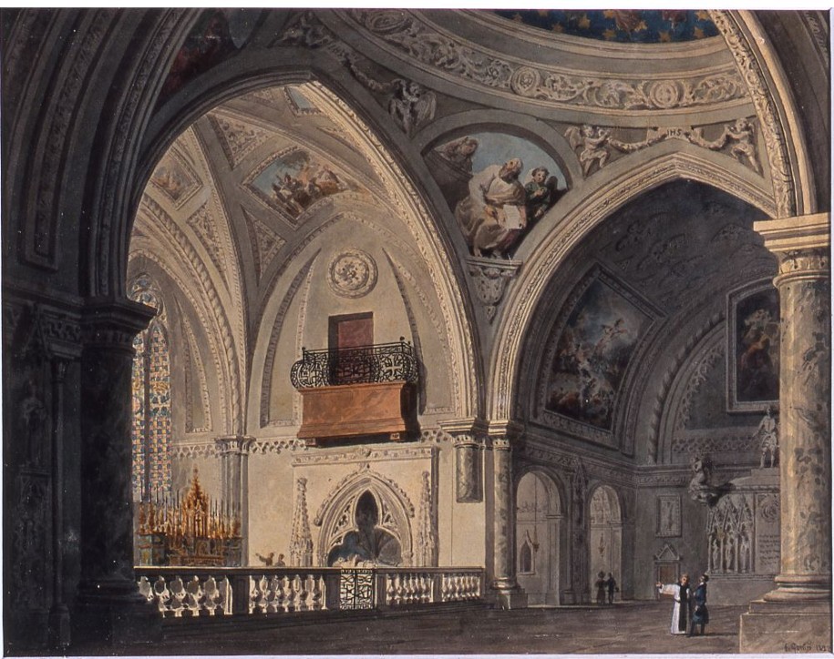 Intérieur de l'église de l'abbaye après la restauration néogothique commanditée par le roi Charles-Félix. Les sculptures sont réalisées par Benoît Cacciatori, les peintures et les décors en stucs sont exécutés par Louis et Jean Vacca et François Gonin.