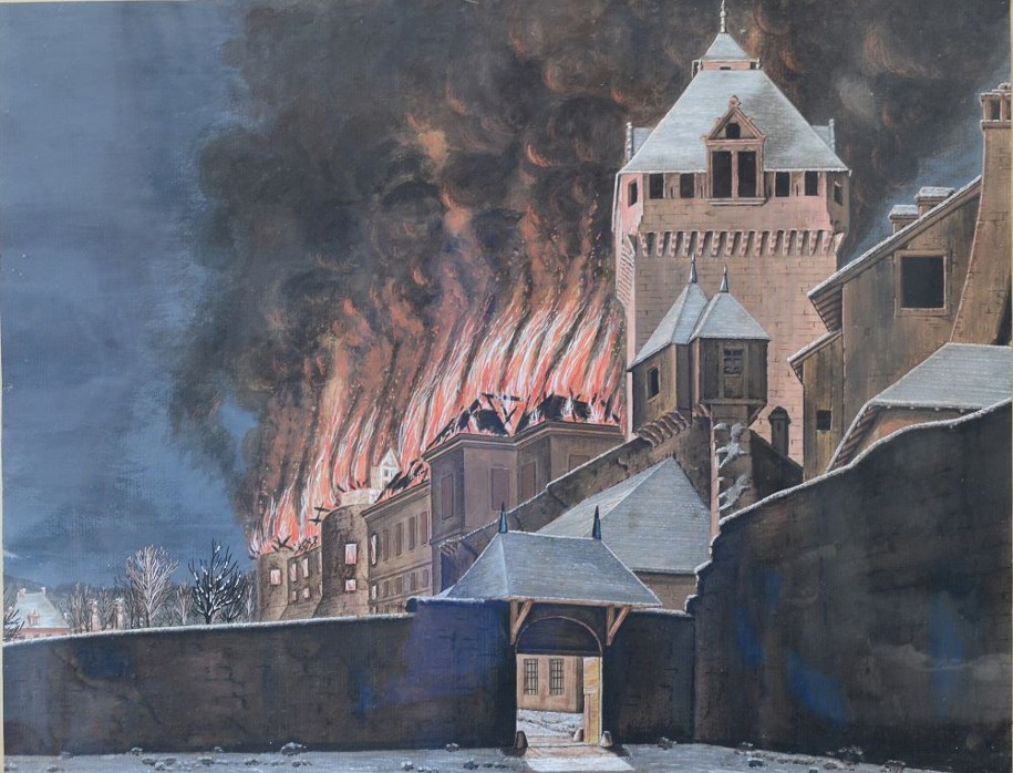 Le grand incendie de 1798. Aquarelle de Joseph Massotti. Collections départementales.