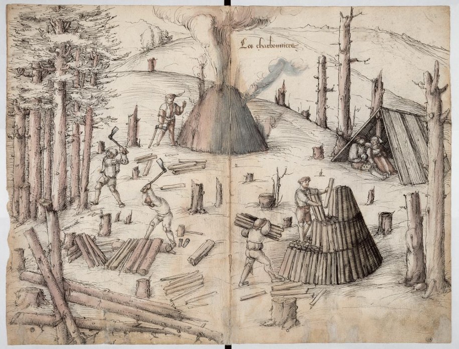 Le travail des charbonniers, 16e siècle, La Rouge Myne de Sainct Nicolas de la Croix, dessinée par Heinrich Gross.