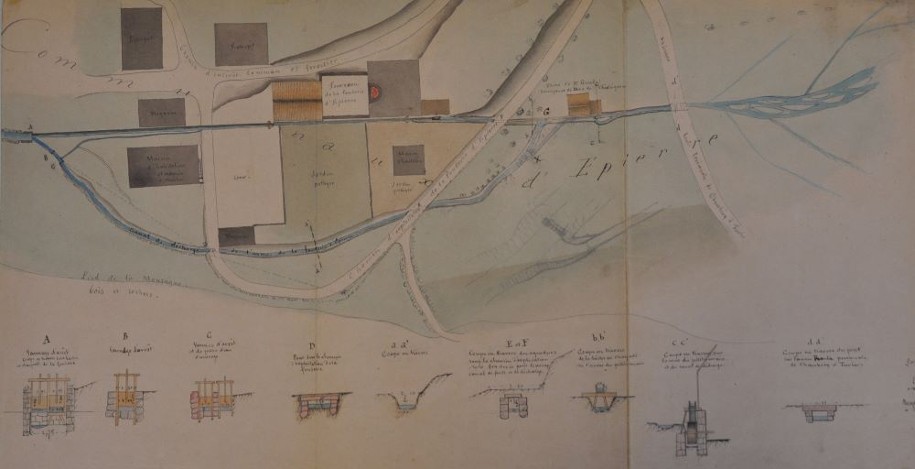 Plan de la fonderie d’Epierre, 1871. L’eau et le bois déterminent les lieux d’implantation des fonderies. L’idéal est d’être à proximité d’un torrent et dans un secteur riche en bois.