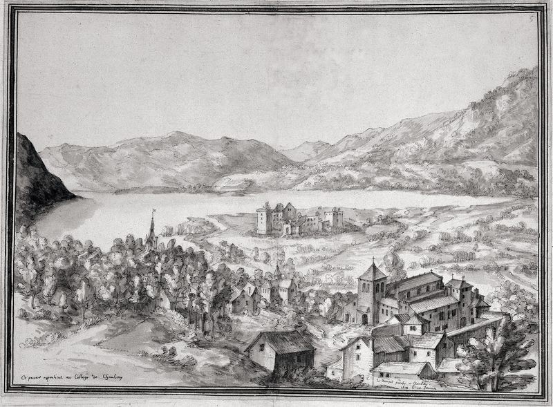 "Le Bourget proche à Chambéry", 1618,  Père Etienne Martellange. ©Bibliothèque nationale de France. Au premier plan le prieuré, au second, le château de Thomas II.