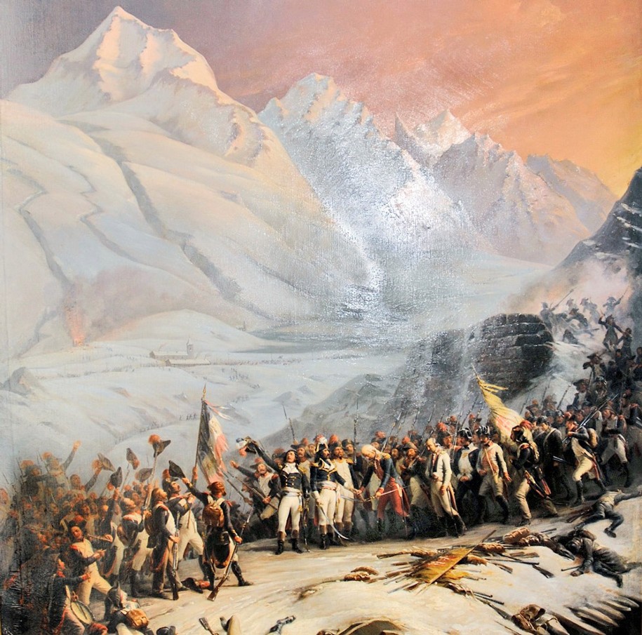 Prise de la redoute sarde par les armées napoléoniennes, lors des campagnes d’Italie. En arrière-plan le col du Petit Saint-Bernard et l’hospice. Edouard Pingret (1788-1875), dépôt de l’Etat à la commune de Bourg-Saint-Maurice, ©département de la Savoie