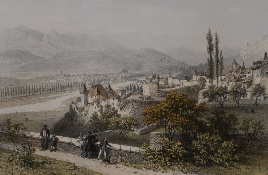 La cité médiévale de Conflans. Surplombant le promontoire rocheux, le château de Manuel de Locatel édifié au 16e siècle. Nice et Savoie, 1864, F. Benoist, ©Musée Savoisien, Département de la Savoie, Solenne Paul.