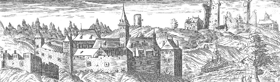 Vue du prieuré de Saint-Jeoire au premier plan et des tours de Chignin au second, début du 17e siècle, Claude Chastillon ©Département de la Savoie