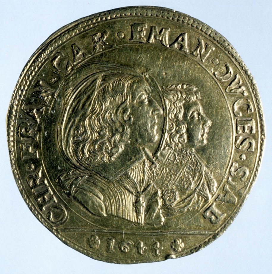 Carlin de dix écus d'or, frappé à Turin en 1641. Christine de France, duchesse et régente de Savoie et son fils mineur, le jeune prince héritier Charles-Emmanuel. Collections départementales, ©Département de la Savoie