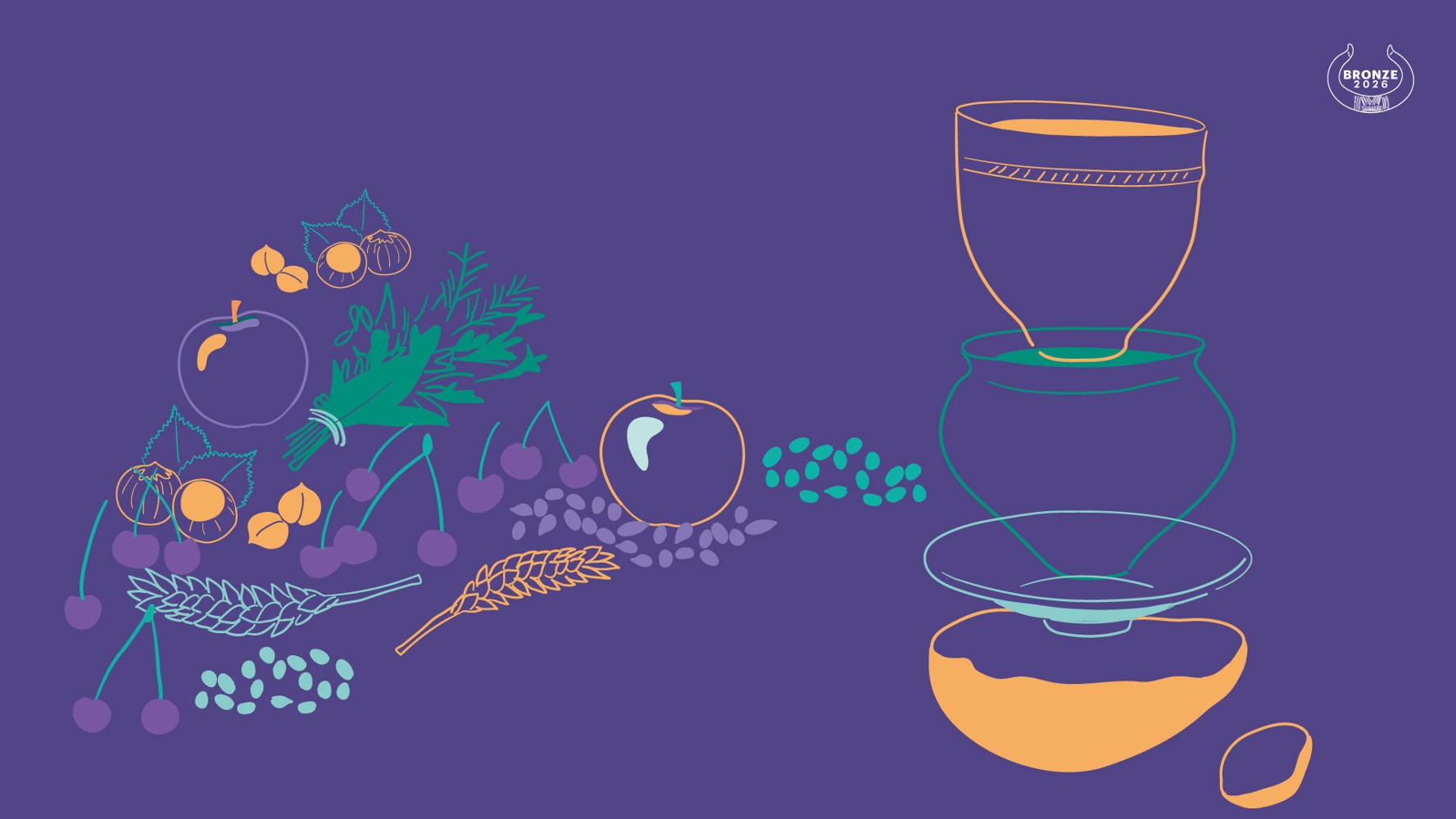 Dessins de cueillette (noisettes, pommes, herbes) et céramiques de l'âge du Bronze