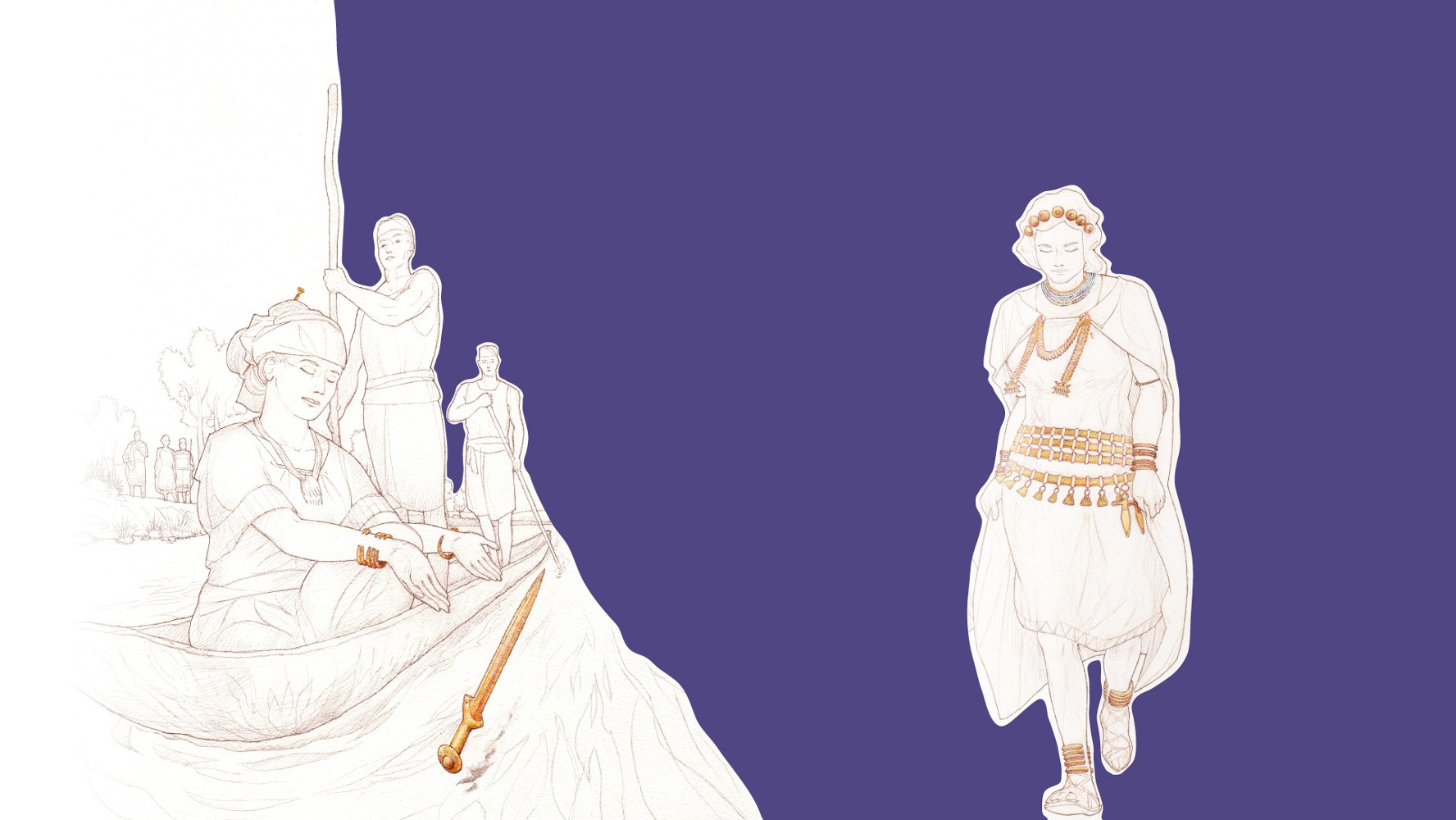 Visuel de l'exposition "Bronze, l'âge retrouvé" comportant un dessin de Pierre-Yves Videlier, représentant une femme à bord d'une barque jetant une épée dans un fleuve.