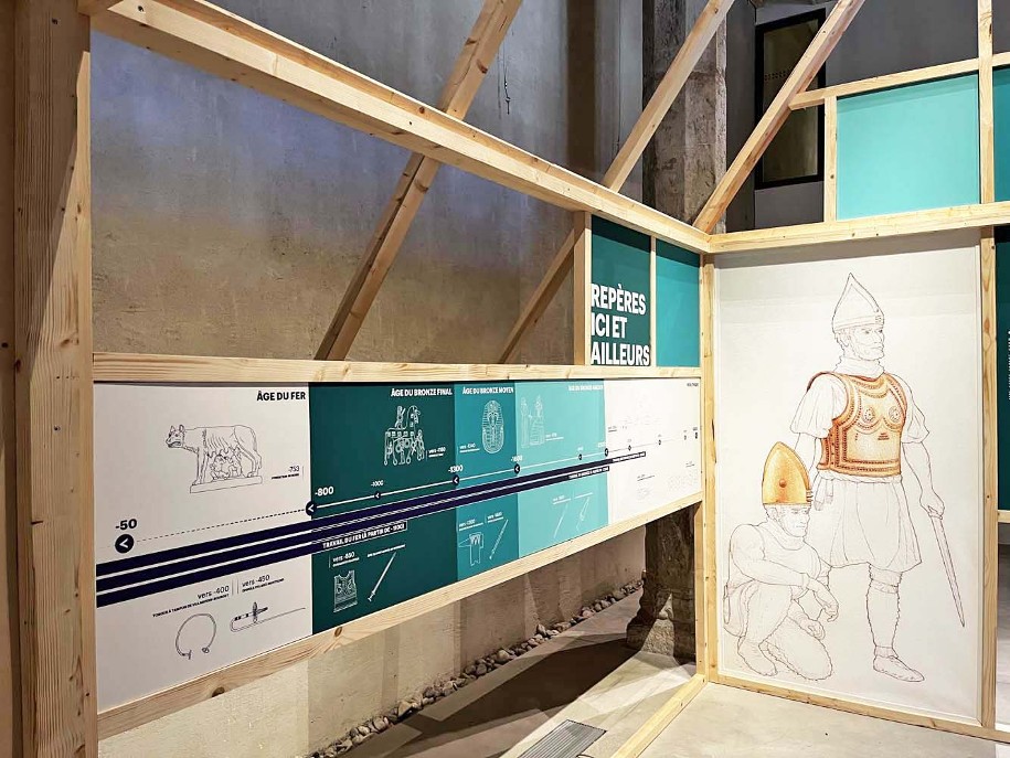 Photo du montage de l'exposition temporaire Bronze, l'âge retrouvé au Musée Savoisien à Chambéry : vue d'un dessin et d'une frise chronologique