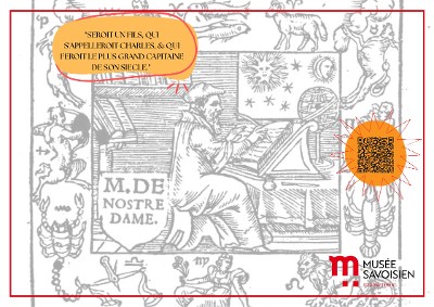 Montage avec une image de Nostradamus et l'inscription "Seroit un Fils, qui s'appelleroit Charles, & qui feroit le plus grand Capitaine de son siecle."