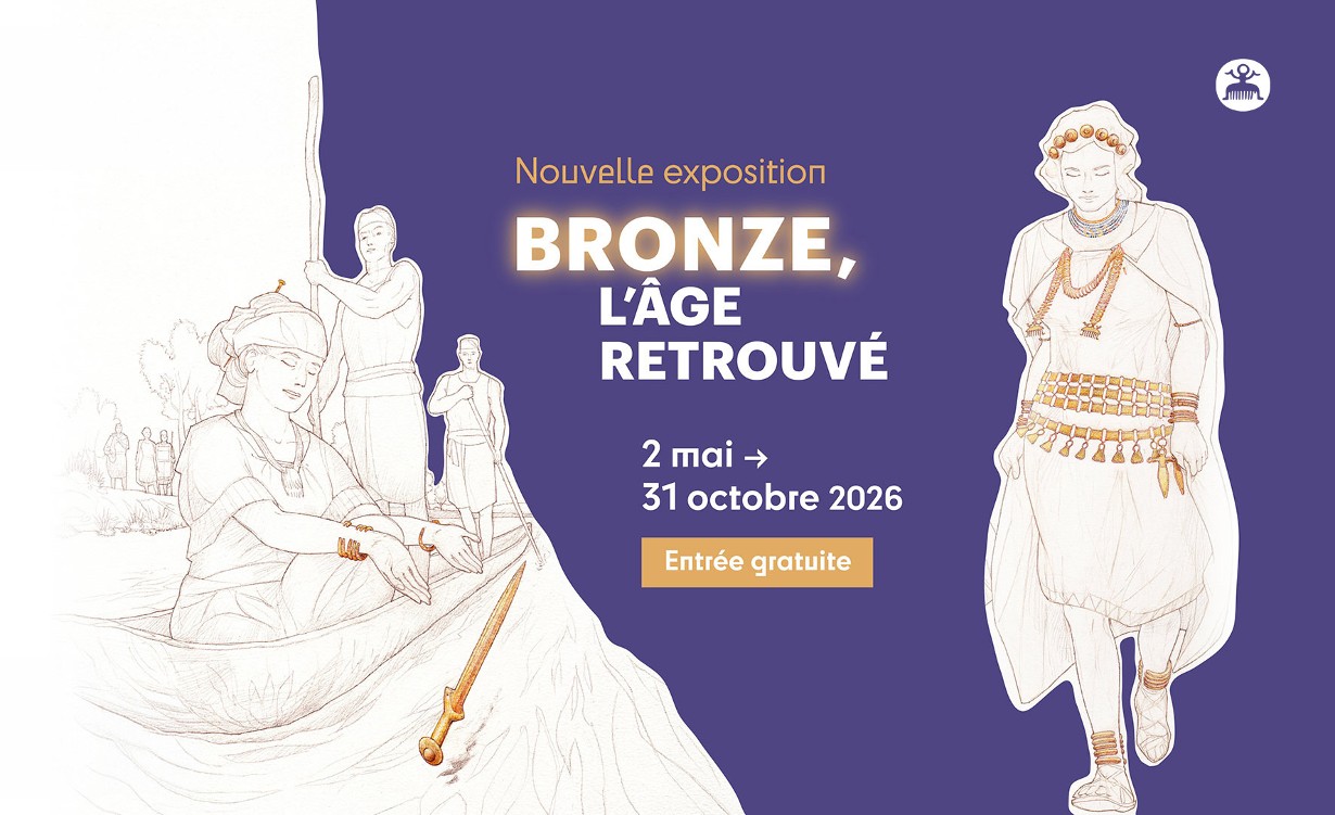 Visuel de l'exposition "Bronze, l'âge retrouvé" comportant deux dessins de Pierre-Yves Videlier, représentant des femmes de l'âge du Bronze