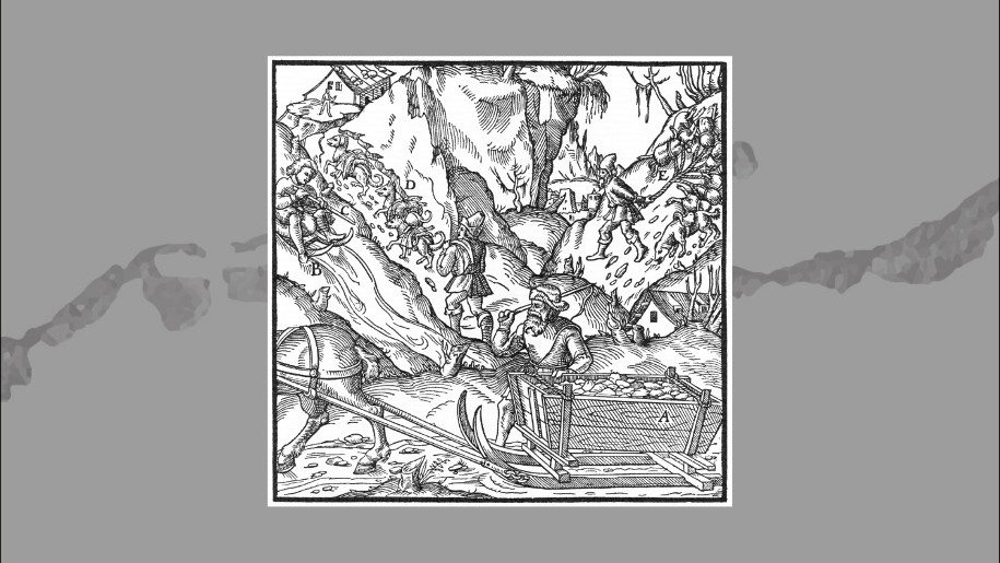 L’hiver, le minerai est descendu vers la vallée dans des sacs en peau de mouton qui glissent sur les pentes enneigées. Agricola, De Re Metallica, 16e siècle.