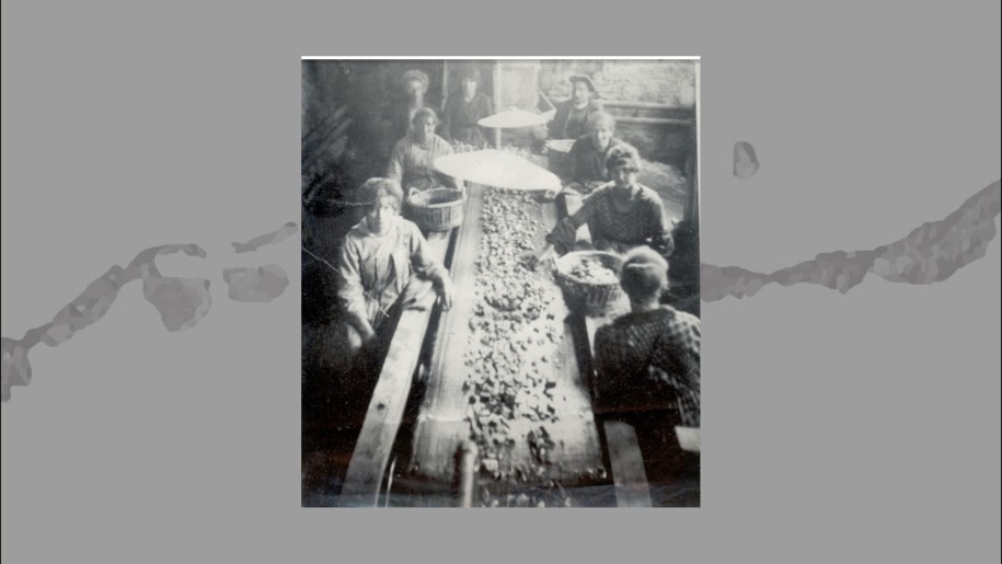 Trieuses de minerai, 20e siècle. Avant la modernisation de la Plagne, le minerai est lavé et trié par des femmes et des enfants.