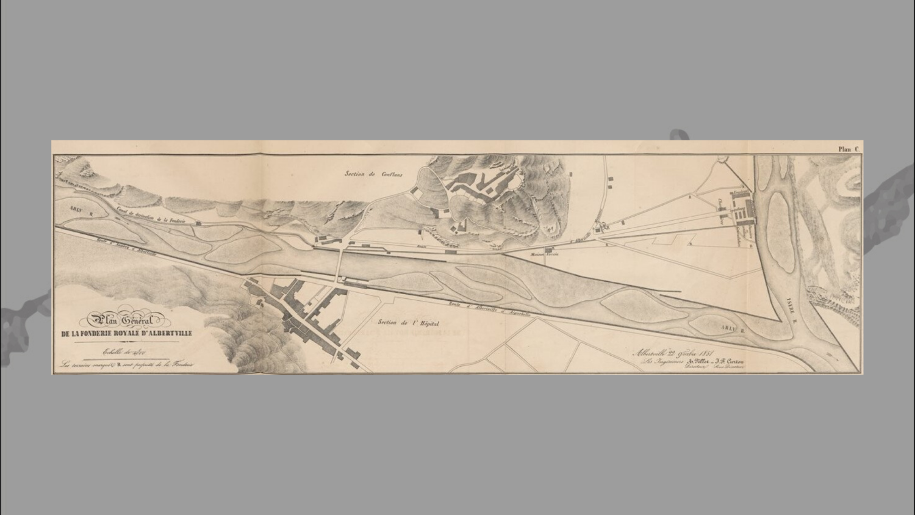 Plan de la fonderie de Conflans, 1851. Le minerai provient principalement des mines de plomb-argentifère de Savoie dont celles de Peisey.