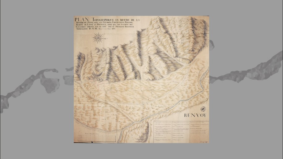 Plan du site de Peisey, 1761. Les Anglais équipent le site de Peisey selon leur technique de séparation du plomb et de l’argent.