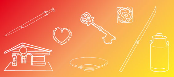 Dégradé de rouge, orange et jaune avec des objets du musée dessinés au trait blanc